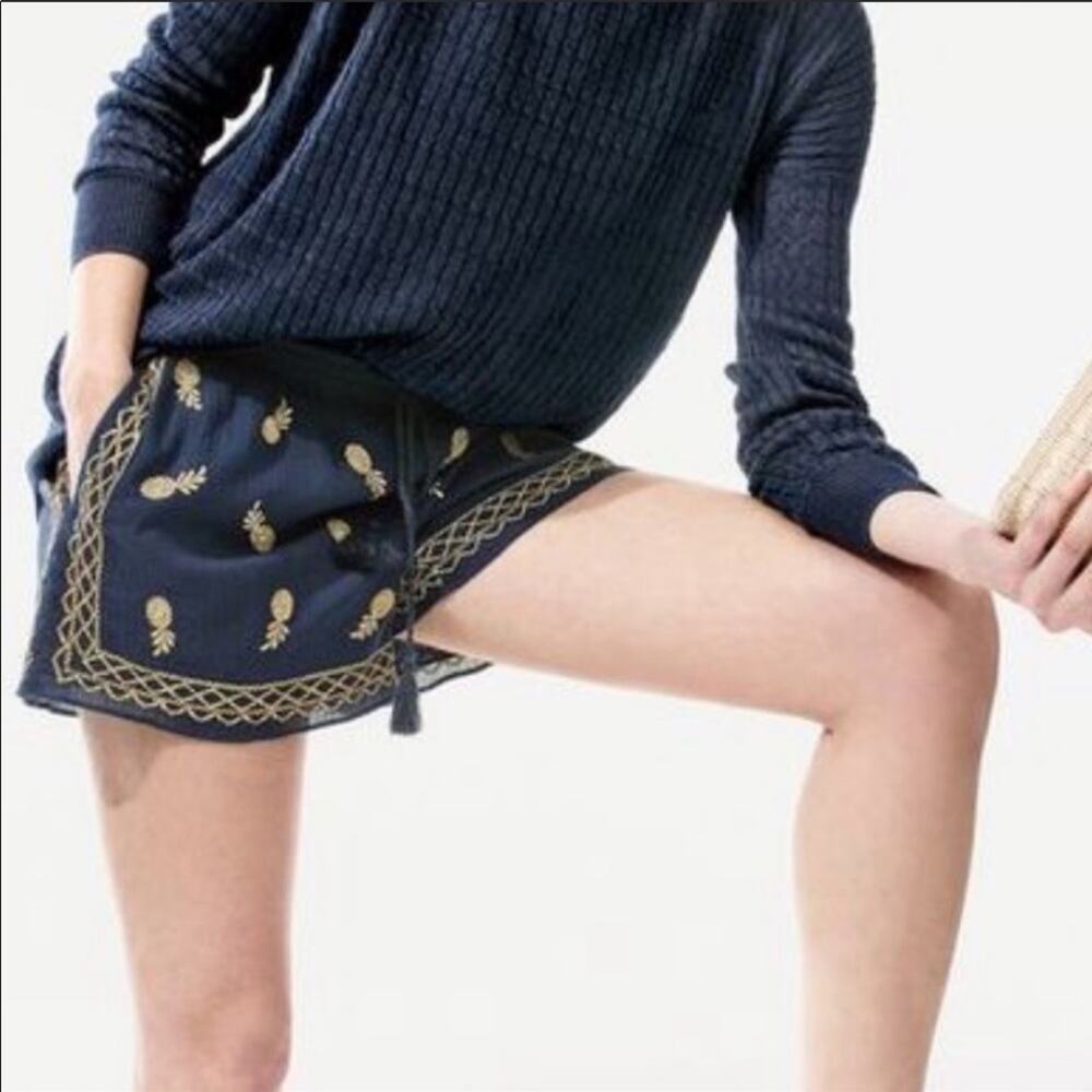 J CREW Embroidered Navy Blue Gold Pineapple Gauze Shorts XS Tassel Pockets